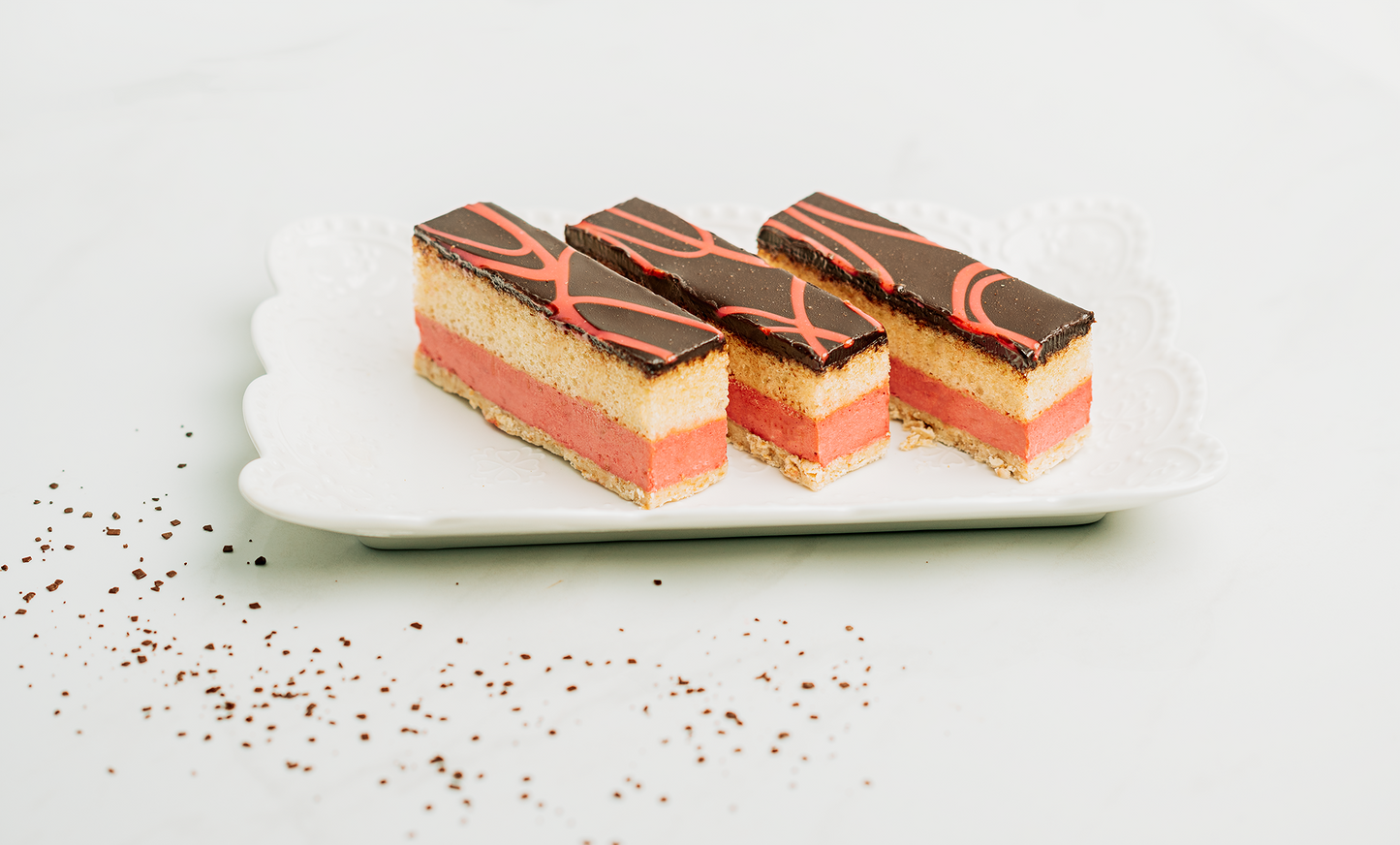 White chocolate & strawberry mousse strip