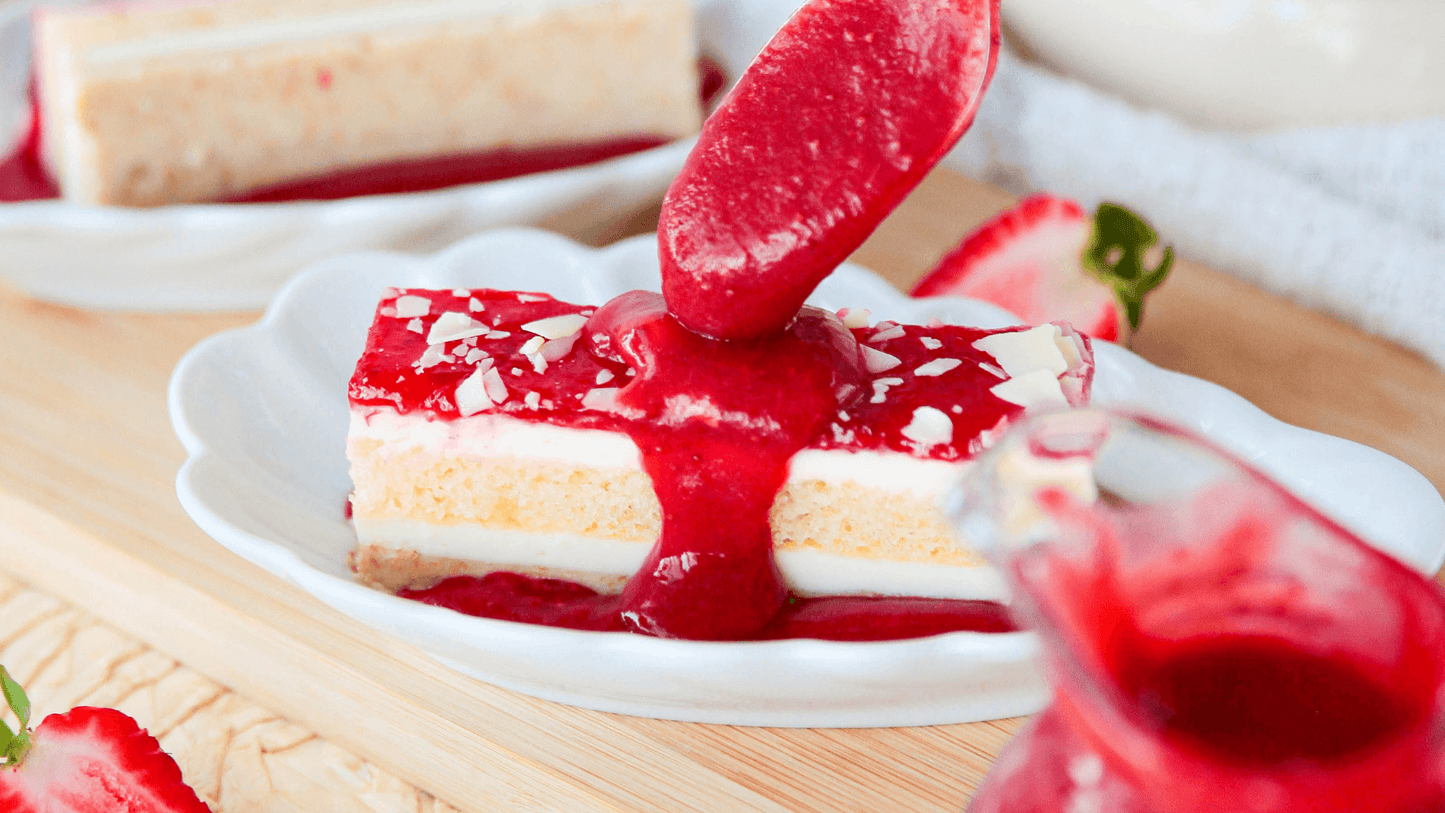 White chocolate & strawberry mousse strip